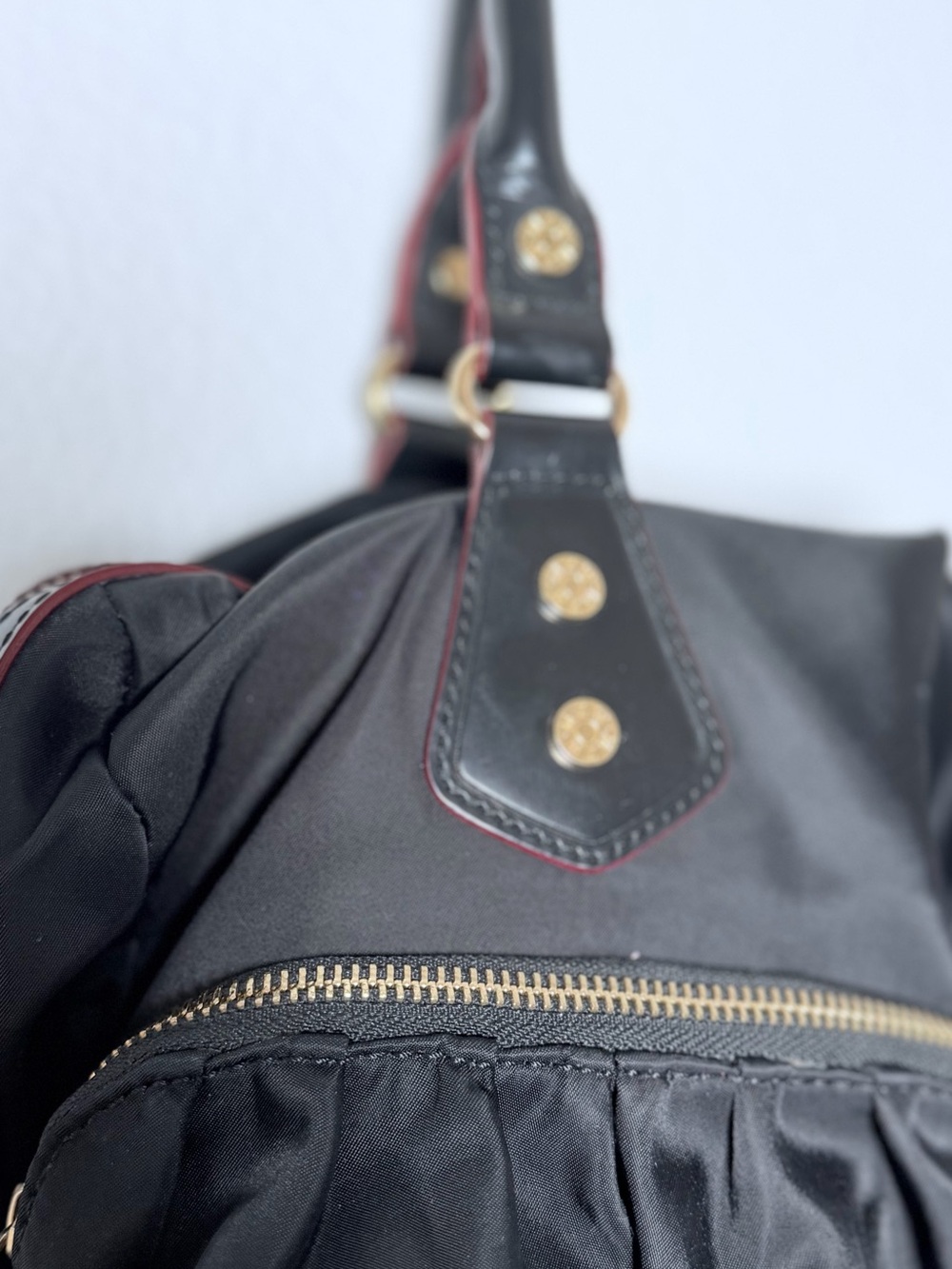 MZ Wallace Black Nylon Ruched Satchel Convertible Crossbody Bag Gold Hardware - Picture 4 of 11